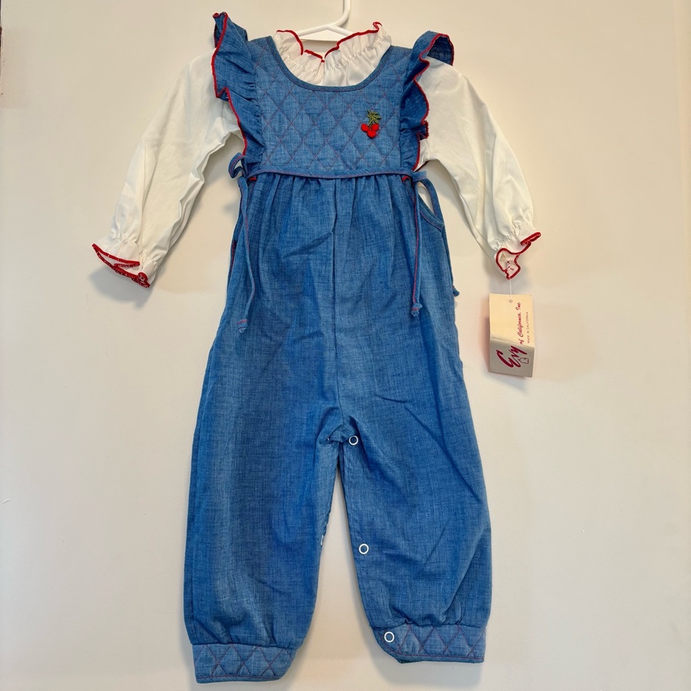 Vintage Evy Of California Blue Overalls White Top Outfit Cherries Girl 18 Months